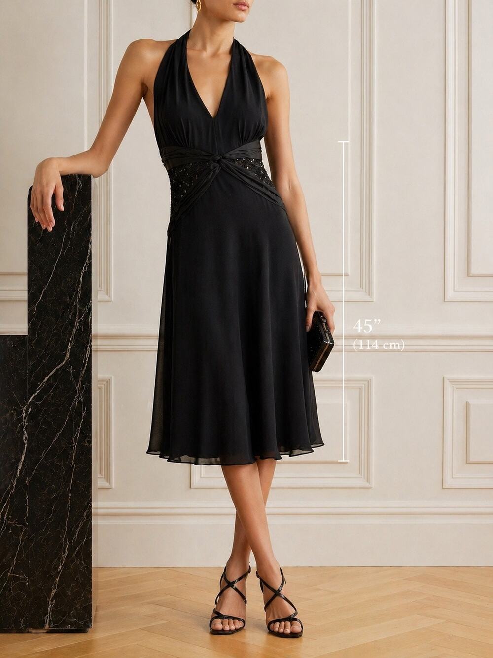 Vintage 100% Silk Babydoll Halter Dress Size 6 Black Beaded Elegant Evening NWT